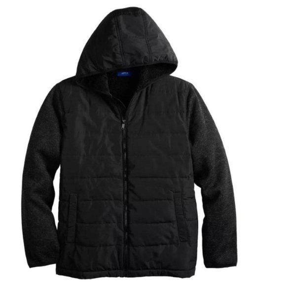 Mens Winter Jacket Apt 9 Black Quilted size 2XL Knit Zip Up Hooded Sherpa Lined - Picture 1 of 8